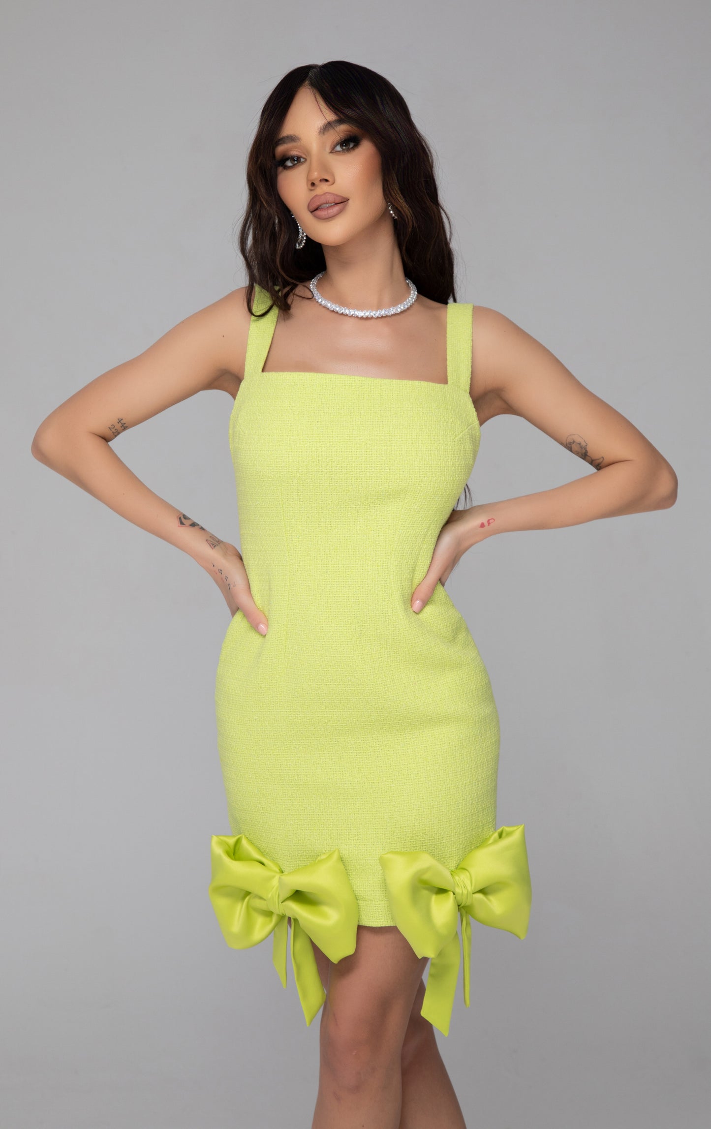 Tweed Dress with Ribbons Lime